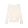Yawhat Lace Trim Shirred Asymmetric Long-Sleeve Tee