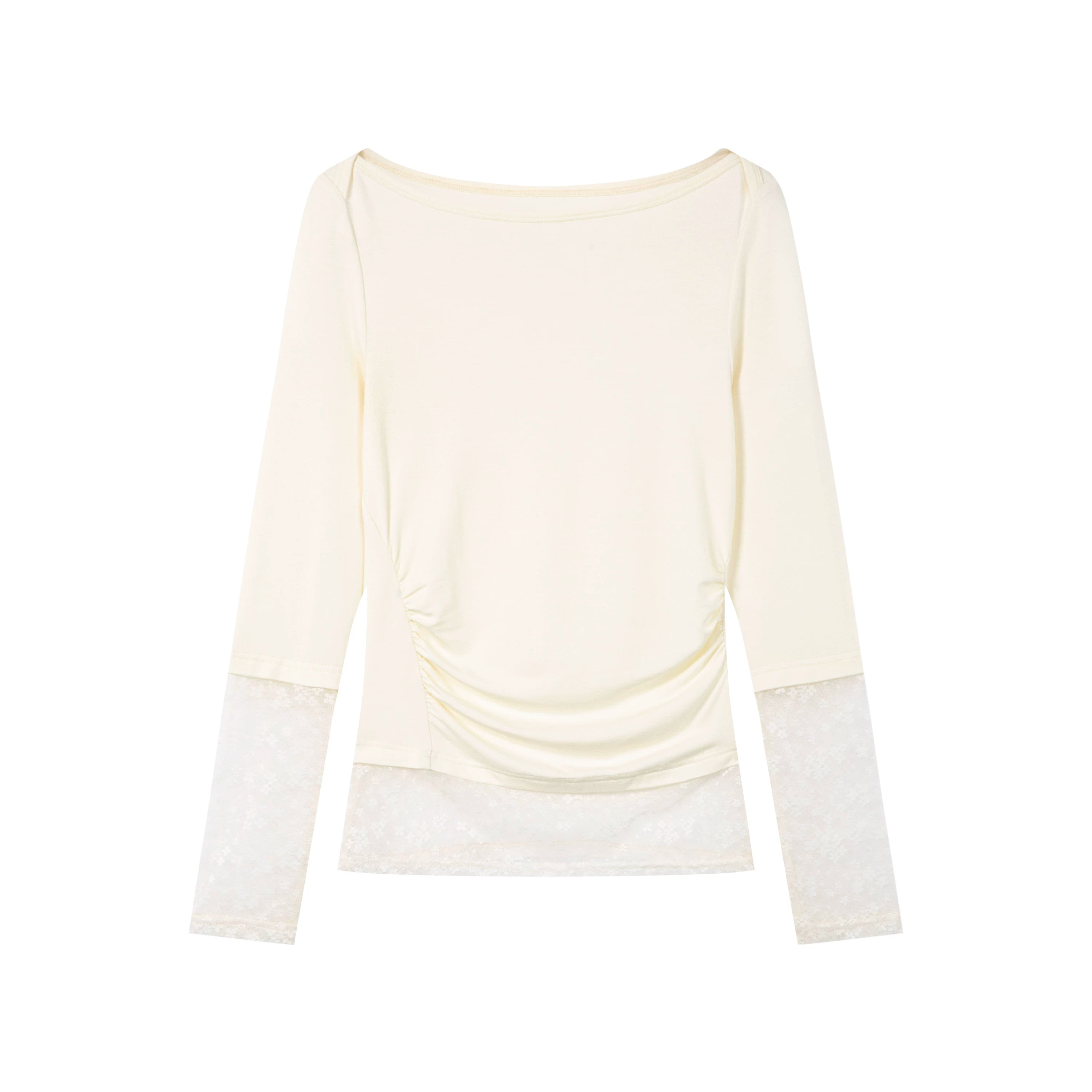 Yawhat Lace Trim Shirred Asymmetric Long-Sleeve Tee