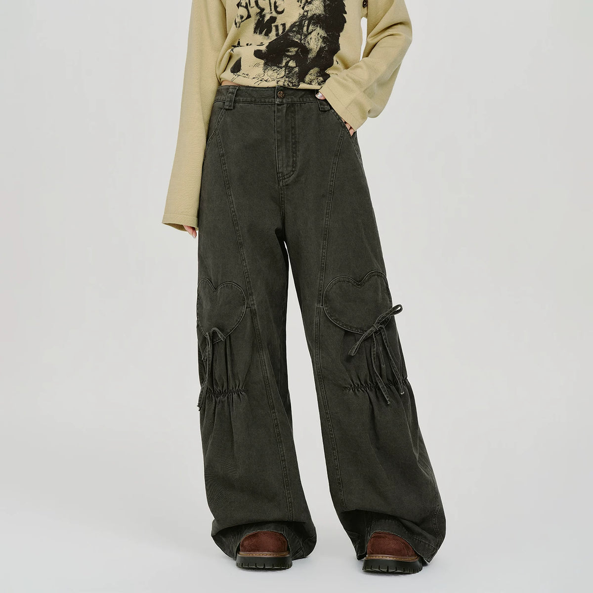 Girlyhalo American Retro Pleated Heart Detail Wide-Leg Jeans