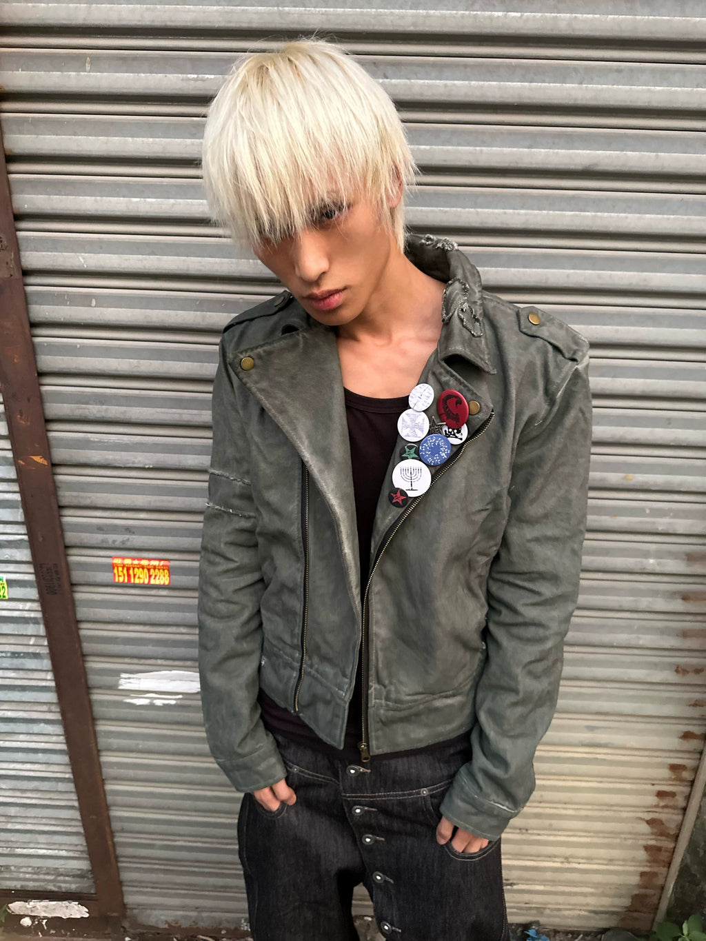 NoEmosen Badge Locomotive Collar Washed Cut Slim Jacket
