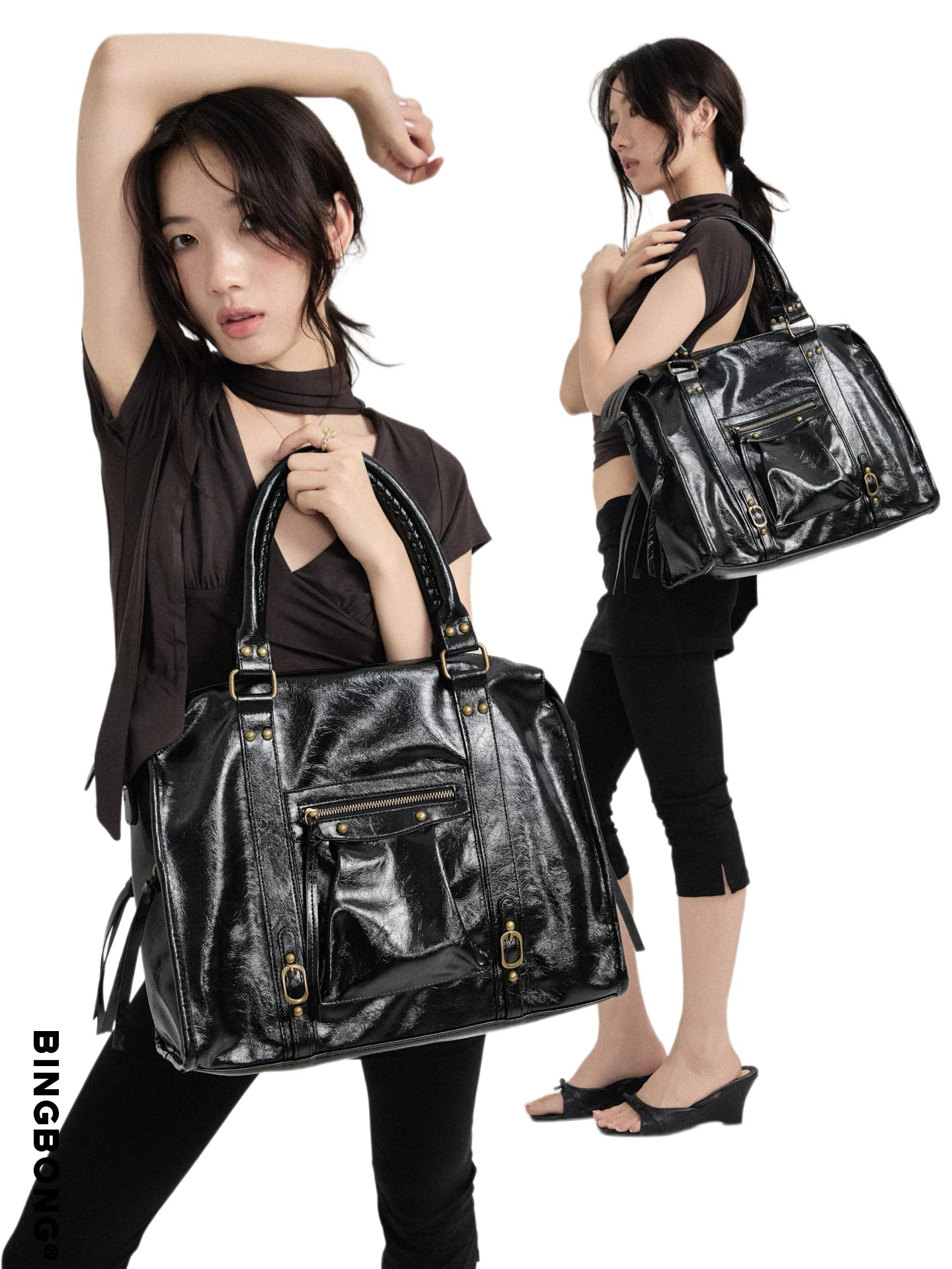 BINGBONG Croc-Embossed Faux Leather Zip-Top Shoulder Bag