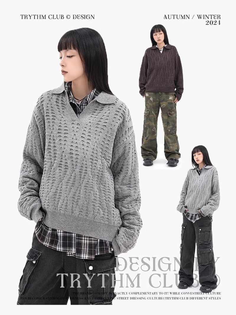 TRYTHMCLUB V-neck Lapel Ripped-knit Sweater