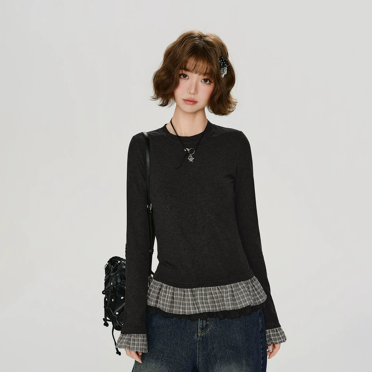 Girlyhalo Plaid Patchwork Slim Fit Long-Sleeve Tee