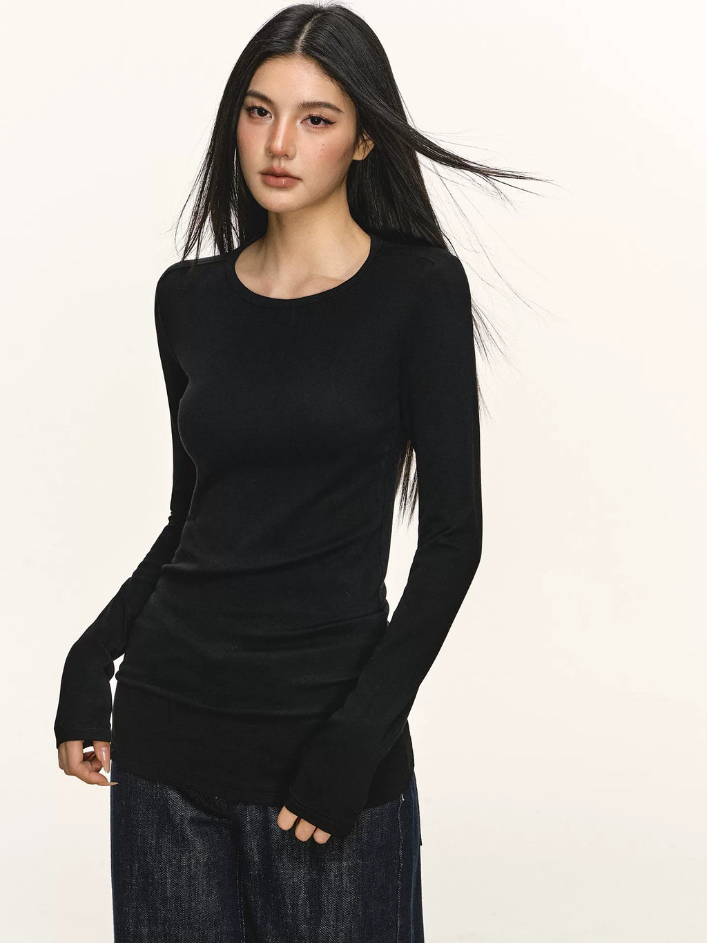 Anna Aneae Casual Versatile Round Neck Slim Slim Long Sleeves