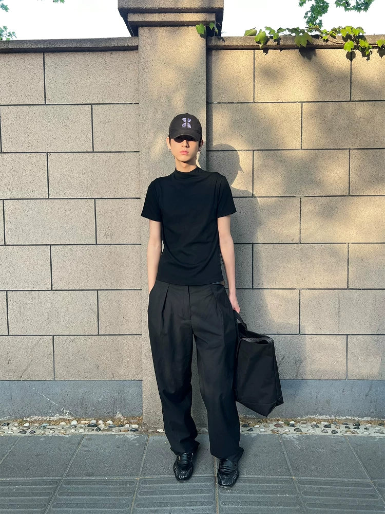 Slight Vogue Cross Wrap High Neck Panel Slim Fit Knit Tee