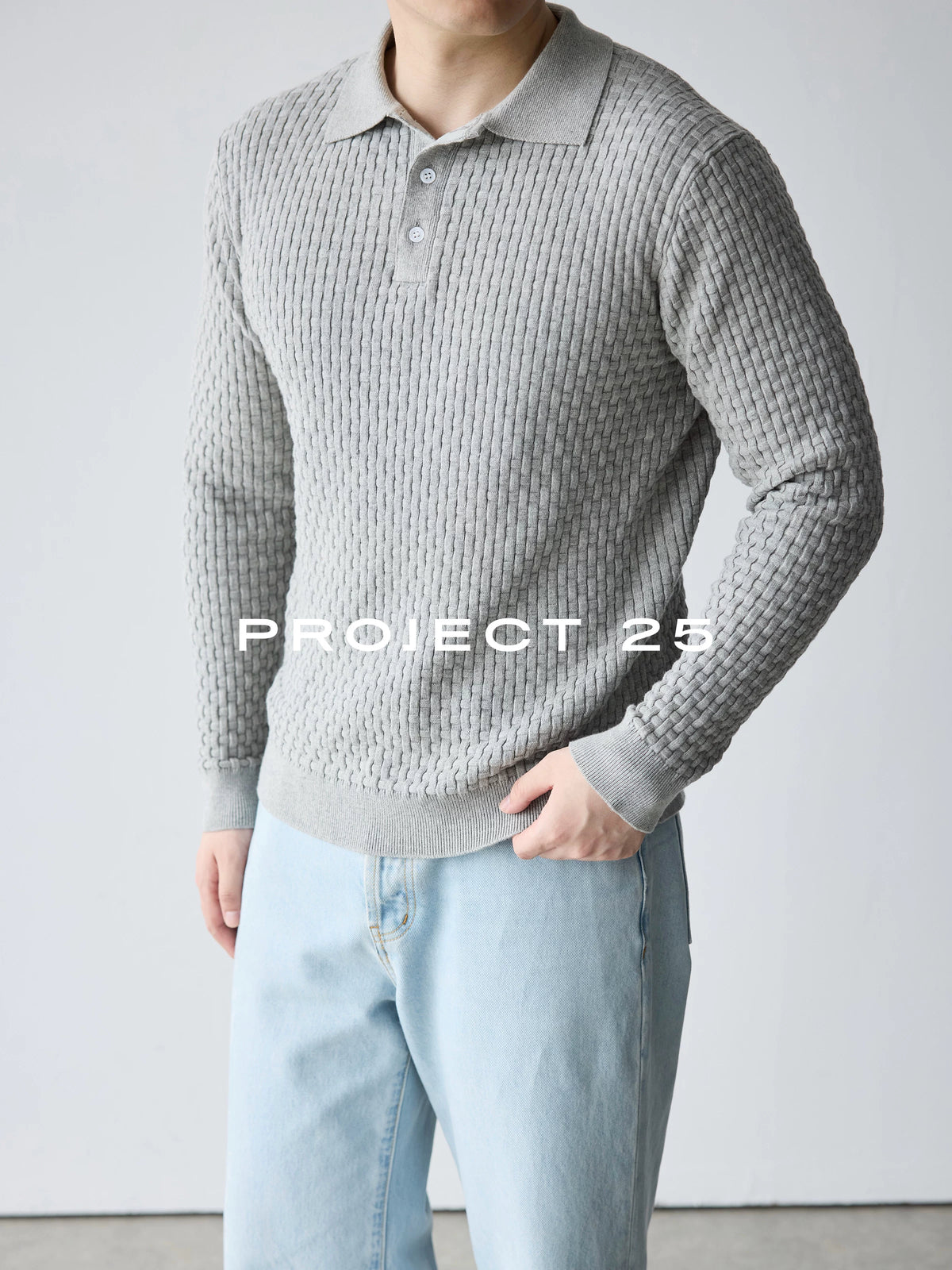 PROJECT 25 Textured Knit Breathable Long-Sleeve Polo