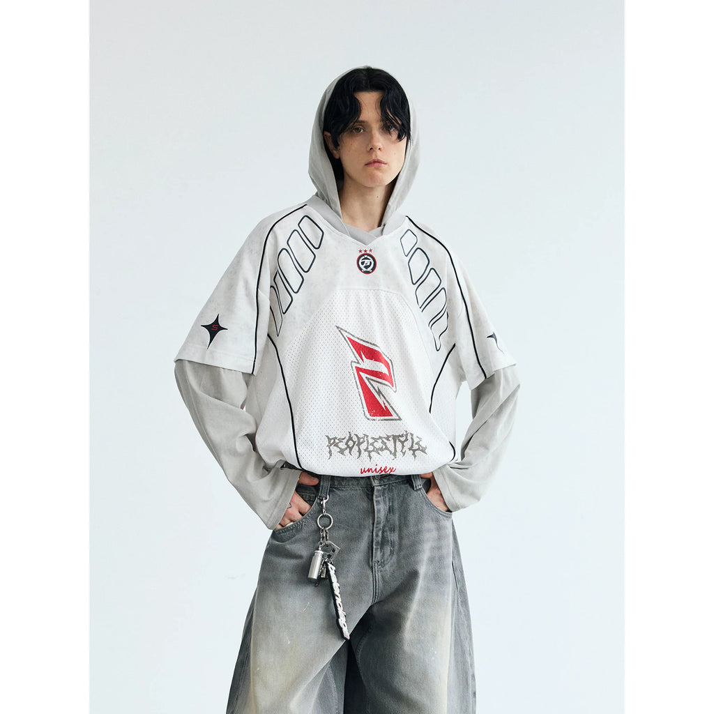 PEOPLESENSE Racing Color-Block Quick-Dry Loose Hooded Long-Sleeve Tee