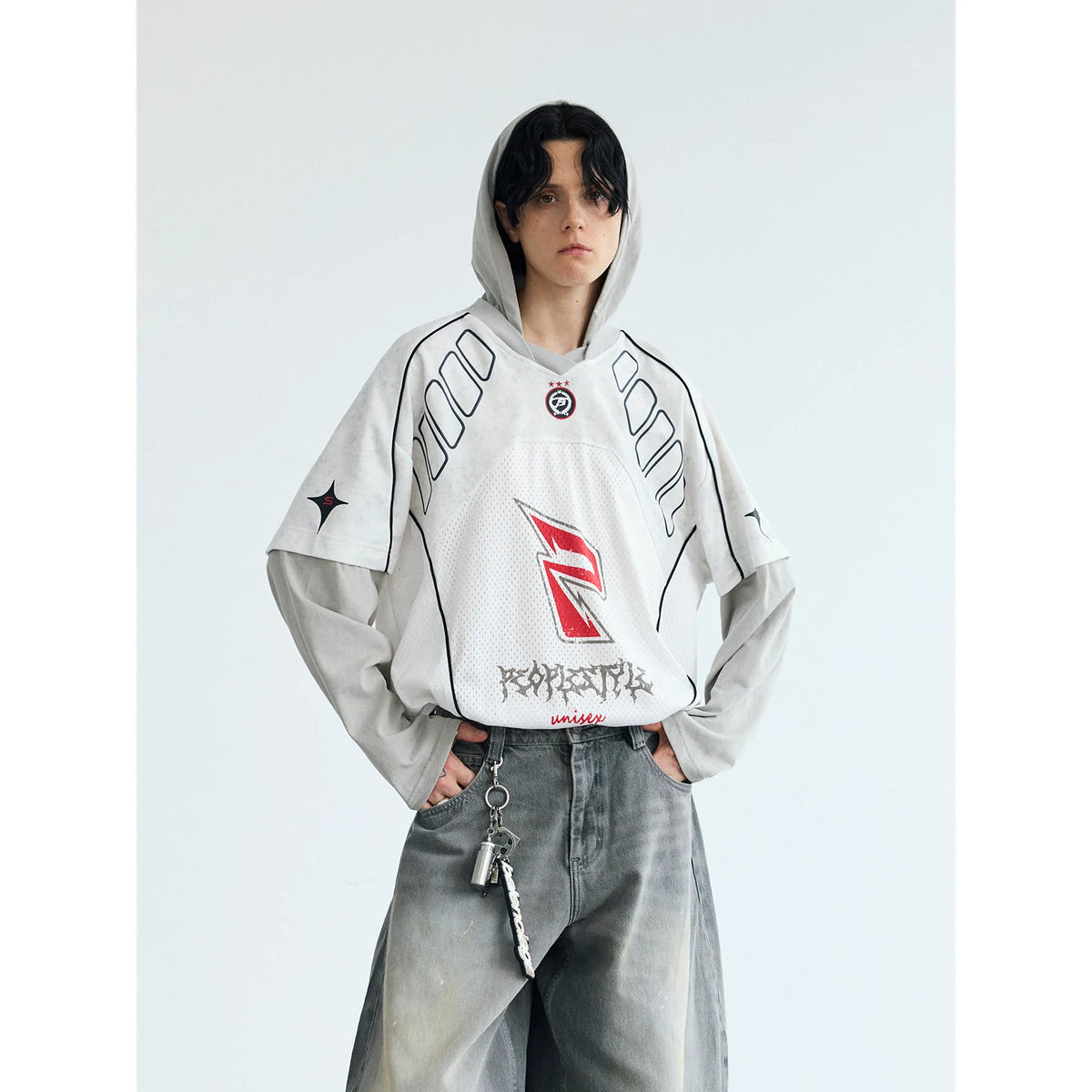 PEOPLESENSE Racing Color-Block Quick-Dry Loose Hooded Long-Sleeve Tee