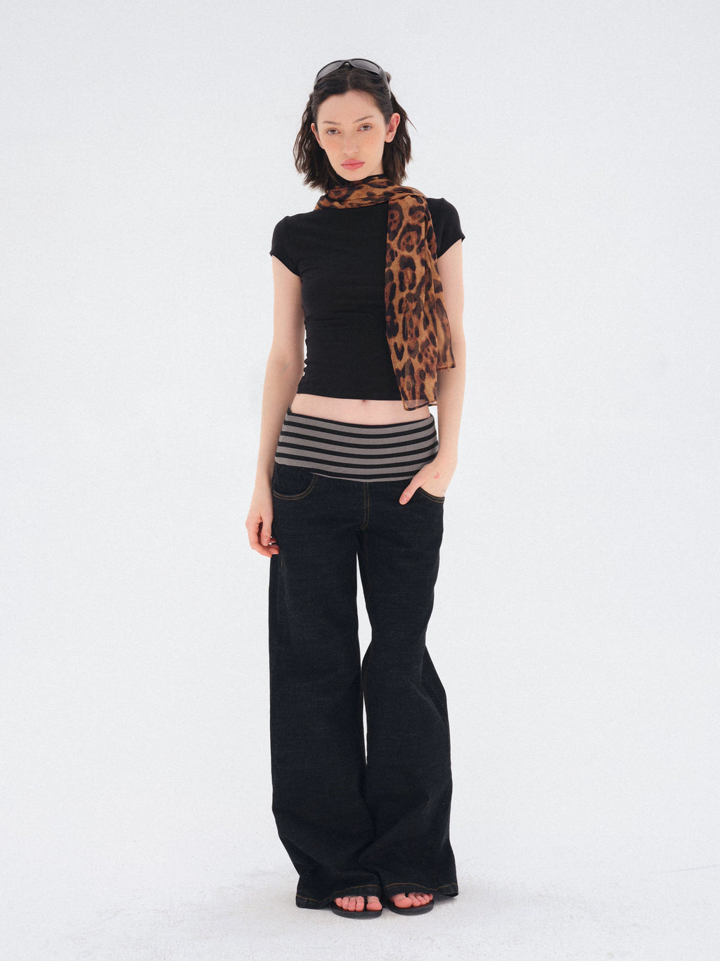 COSTUSTOOT Black High-Stretch Striped Slim Straight Flared Jeans