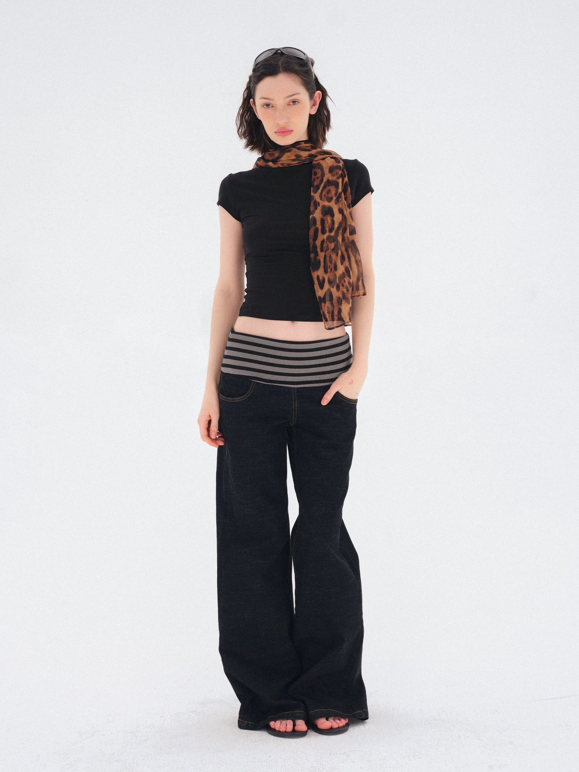 COSTUSTOOT Black High-Stretch Striped Slim Straight Flared Jeans