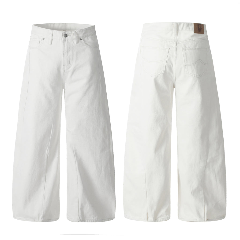 11KN 2025 high street stitching pleated white scimitar wide-leg jeans