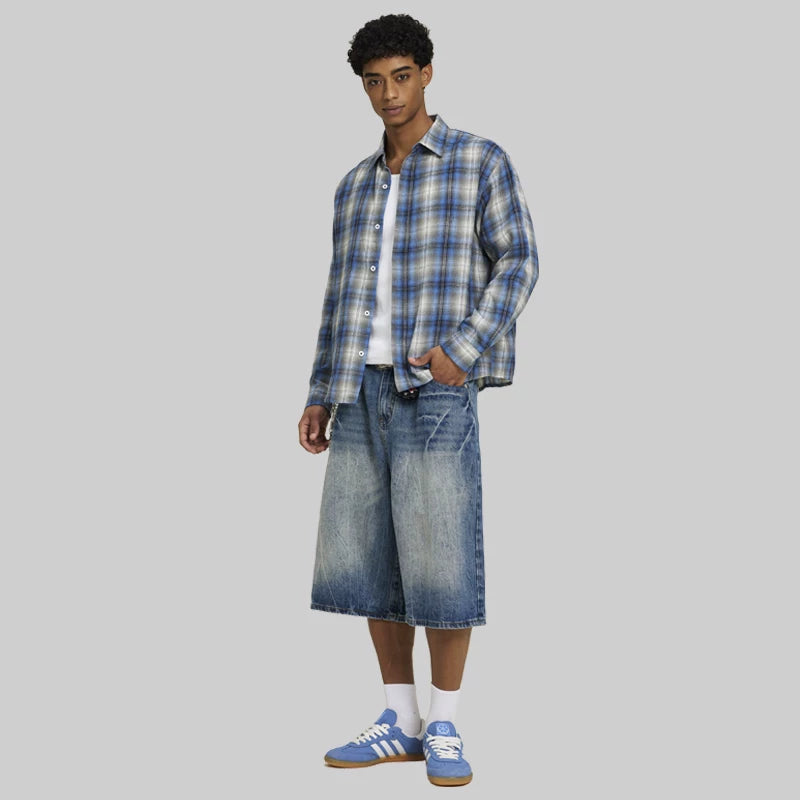 FIVE MEN Blue Plaid Loose Fit Casual Jacket