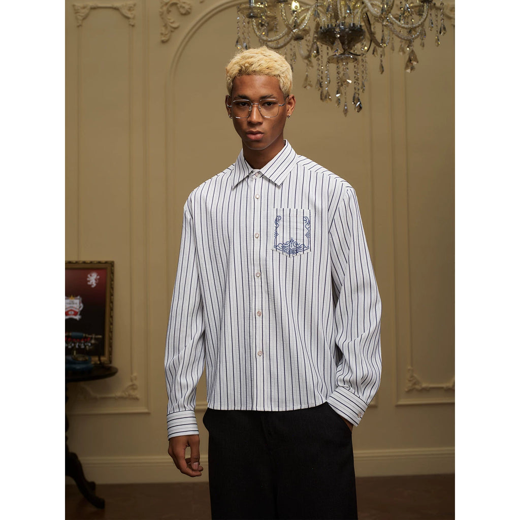 YADcrew Striped Loose Lapel Simple Embroidered Shirt