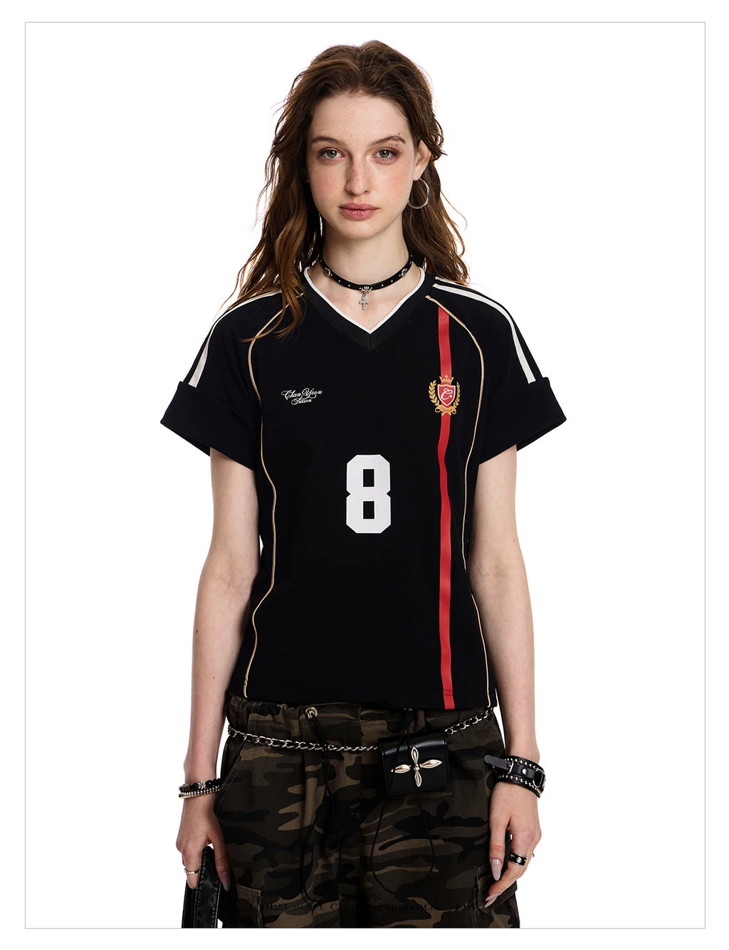 0123Start Vintage Striped V-neck Sports Tee