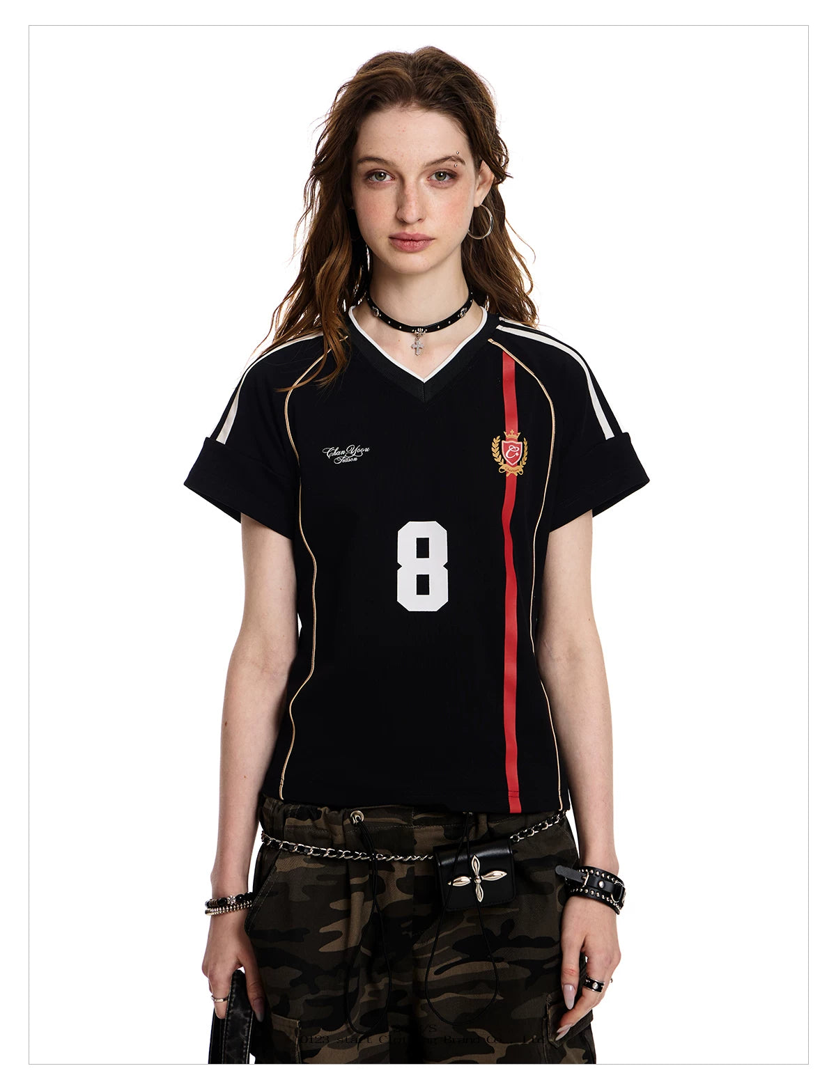 0123Start Vintage Striped V-neck Sports Tee