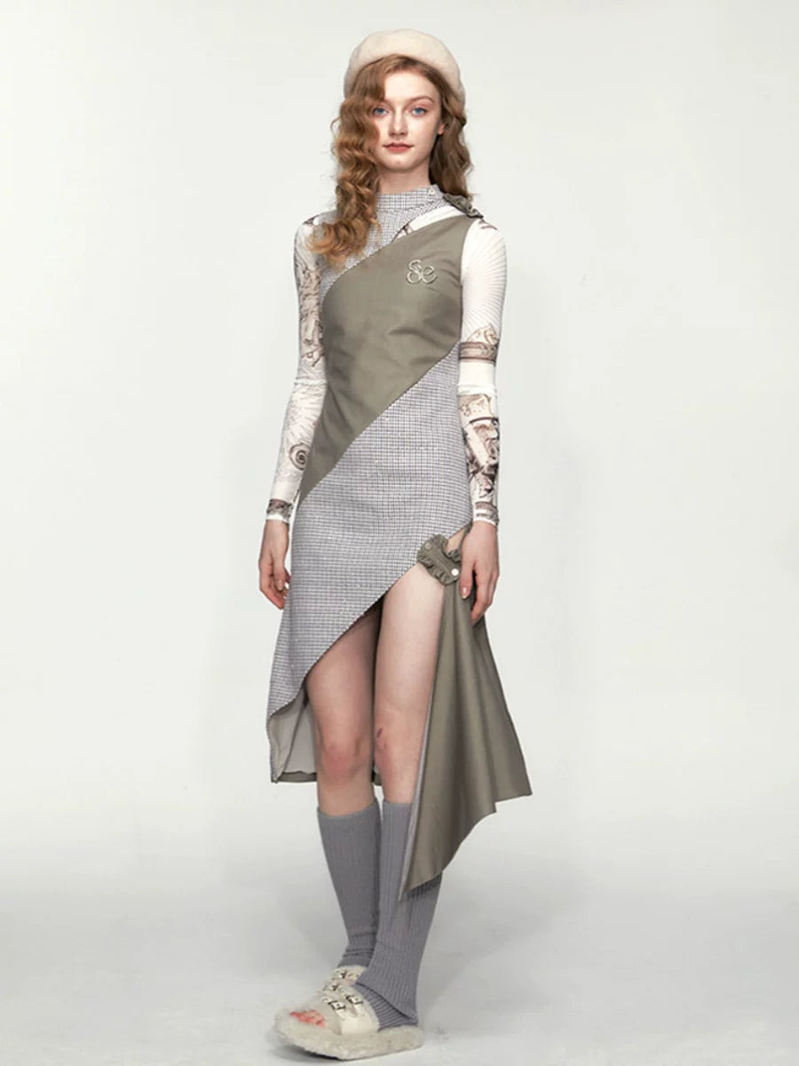 SUREENOUGH Vintage Patchwork Contrast Sleeveless Slit Dress