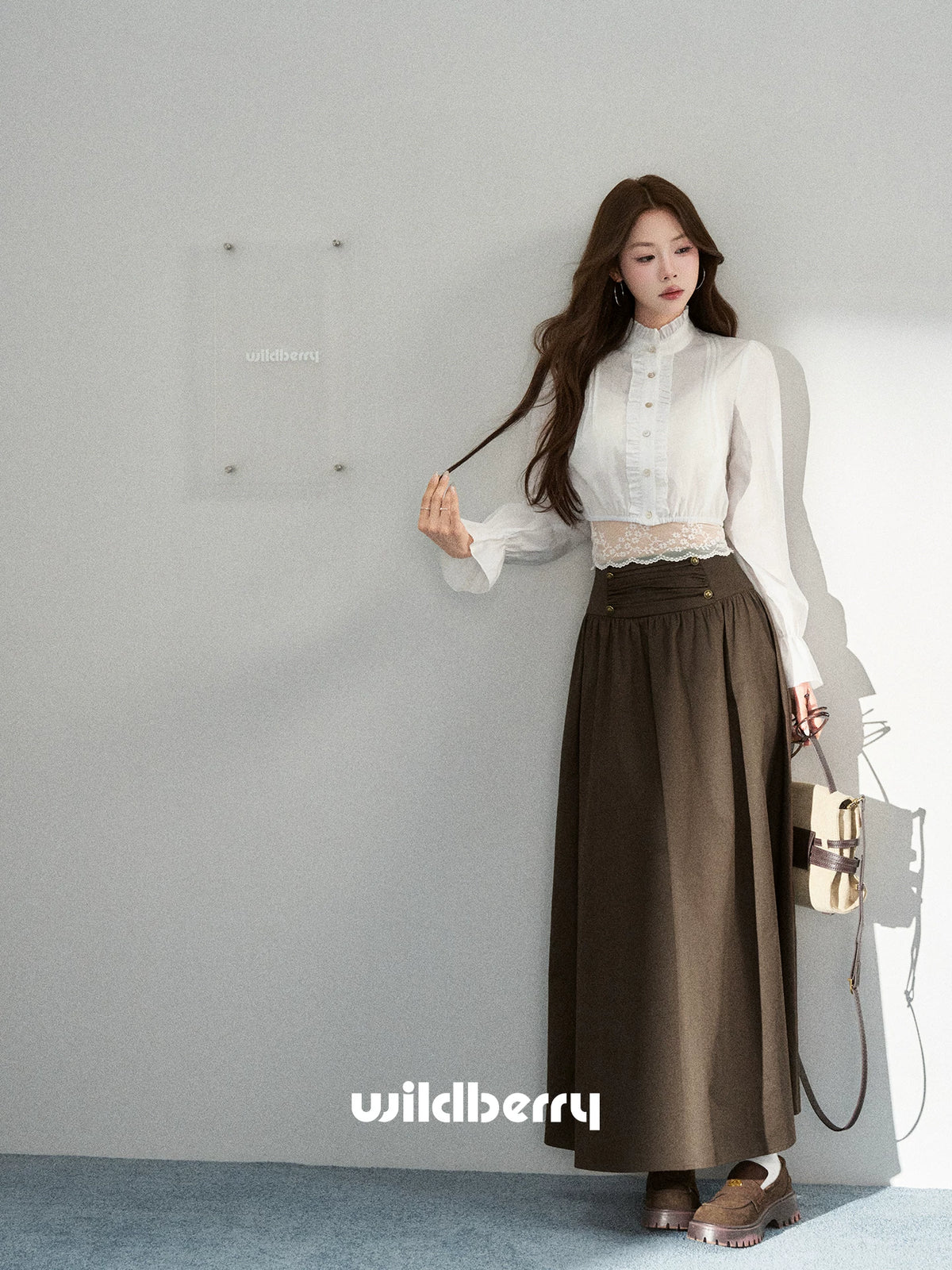 Wildberry Brown High-Waist Pleated A-Line Midi Skirt