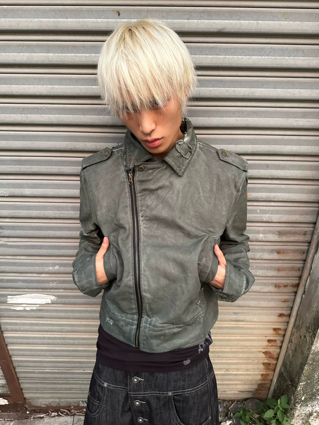 NoEmosen Badge Locomotive Collar Washed Cut Slim Jacket