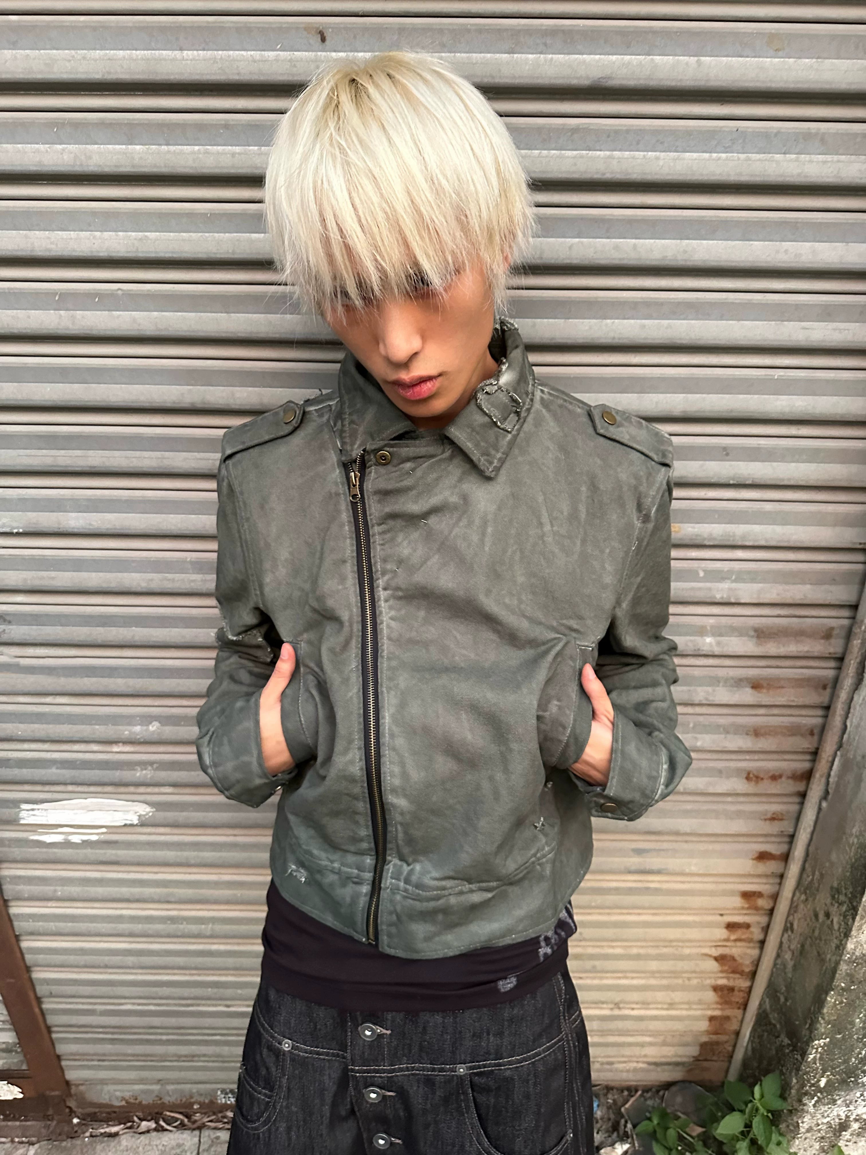 NoEmosen Badge Locomotive Collar Washed Cut Slim Jacket