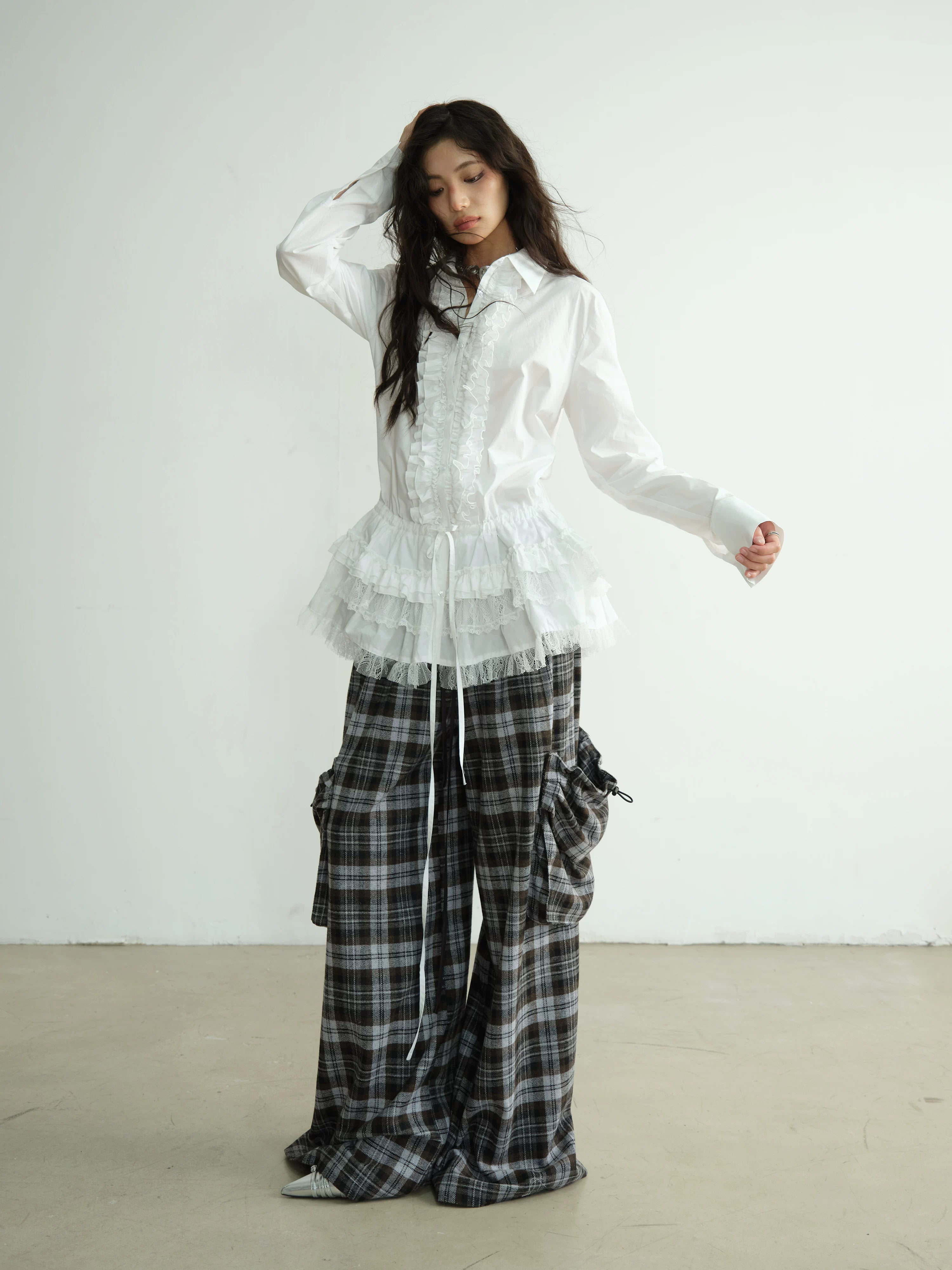 JNYLON Lace Skirt Waist-strapped Long Shirt