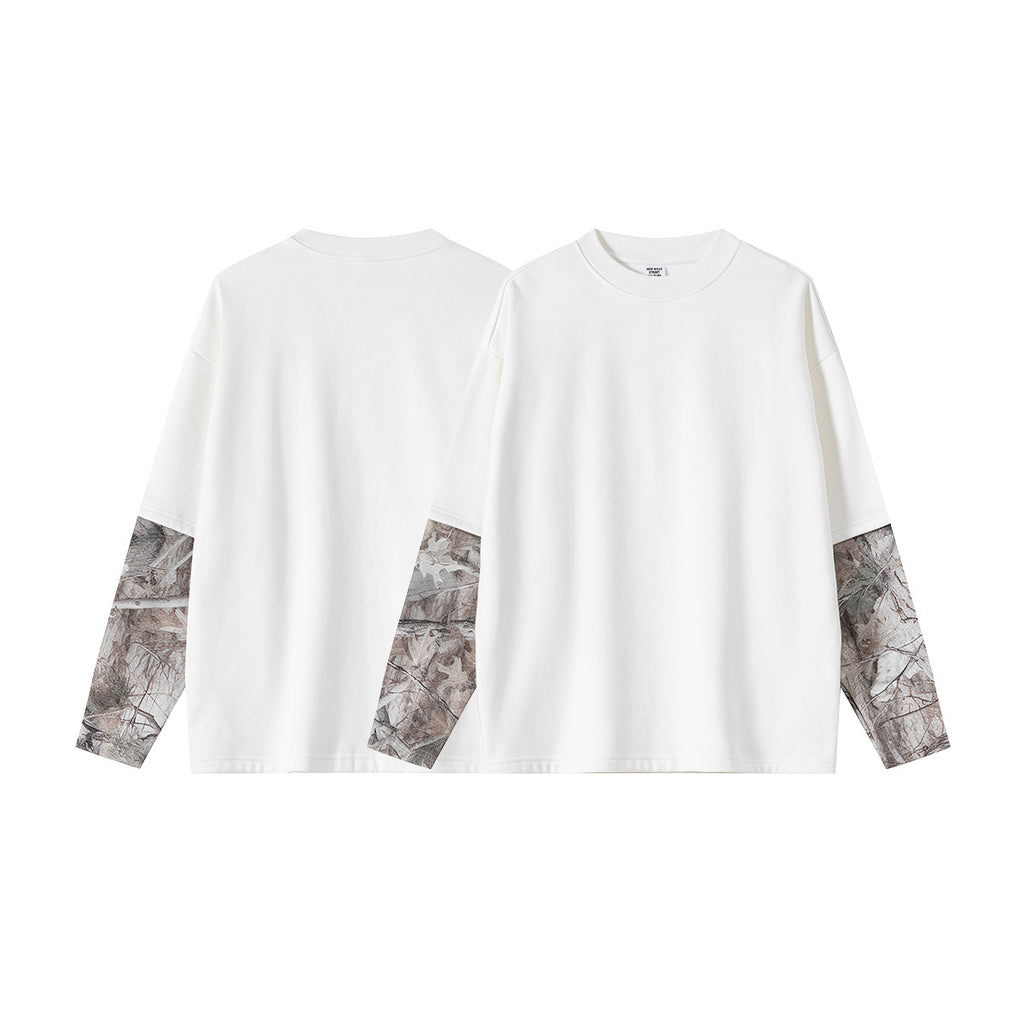 BE Retro Tree Pattern Contrasting Color Fake Two-piece Camouflage Long Sleeve