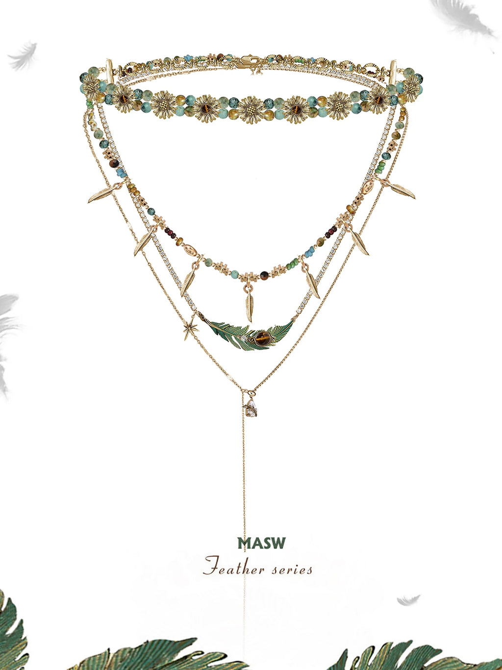 MASW Green Feather Layered Necklace