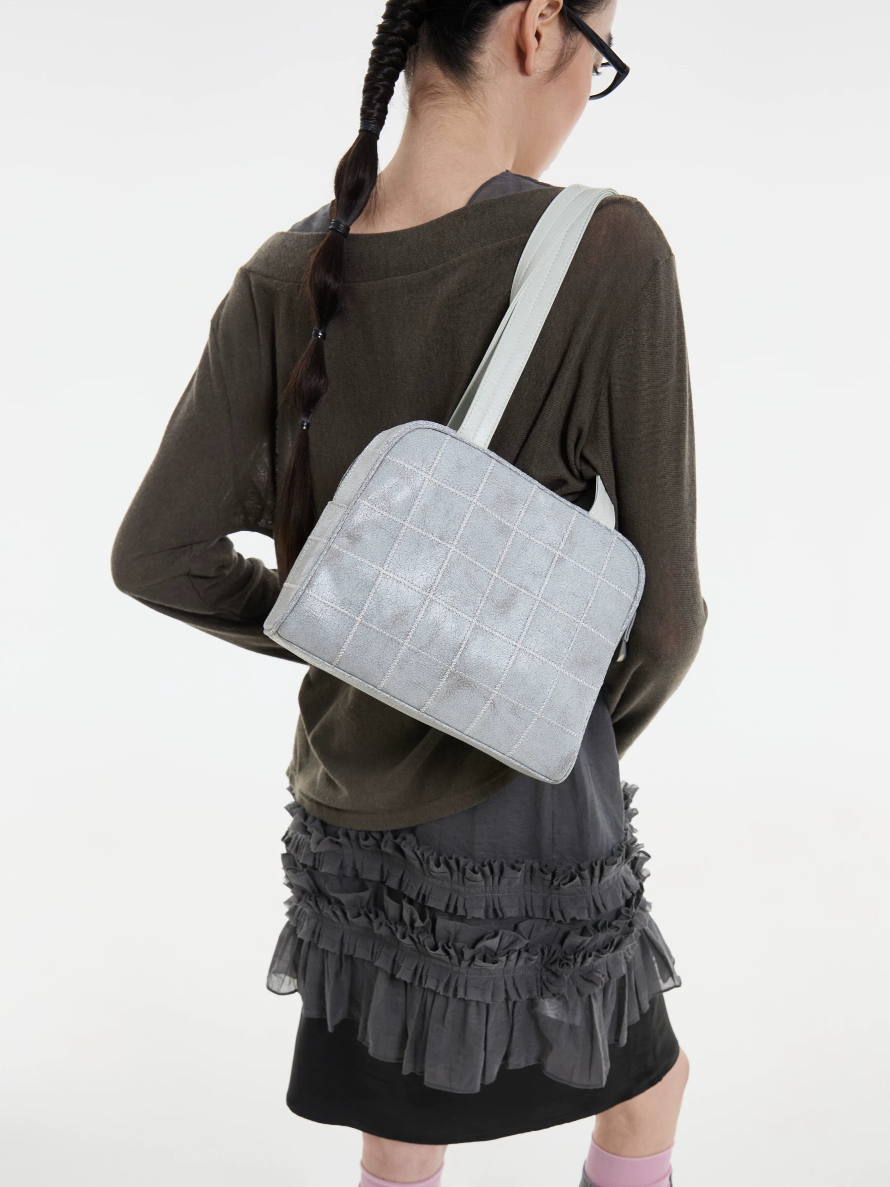 DIRTY SIX Gray Woven Fabric Zip-Top Shoulder Bag
