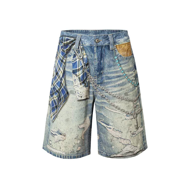 YADcrew Plaid Chain Print Mid-Rise Denim Shorts