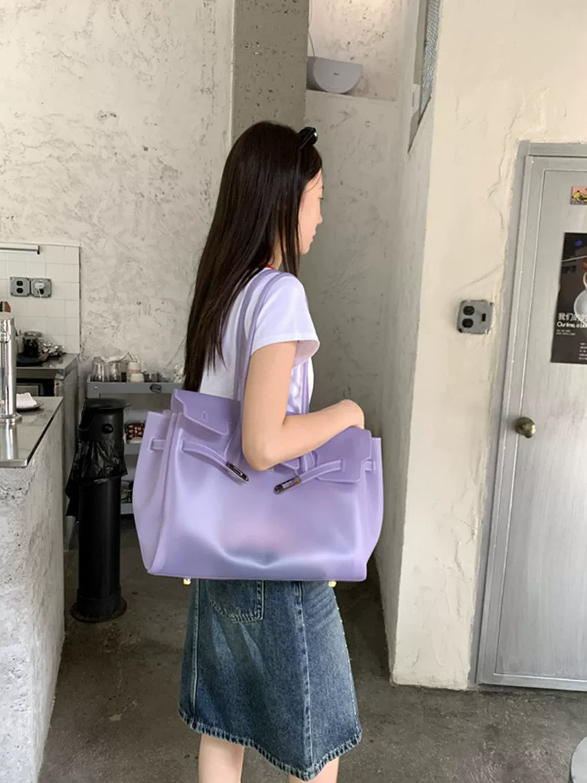 Fat*2 Semi-Transparent Faux Leather Buckle Top-Handle Bag
