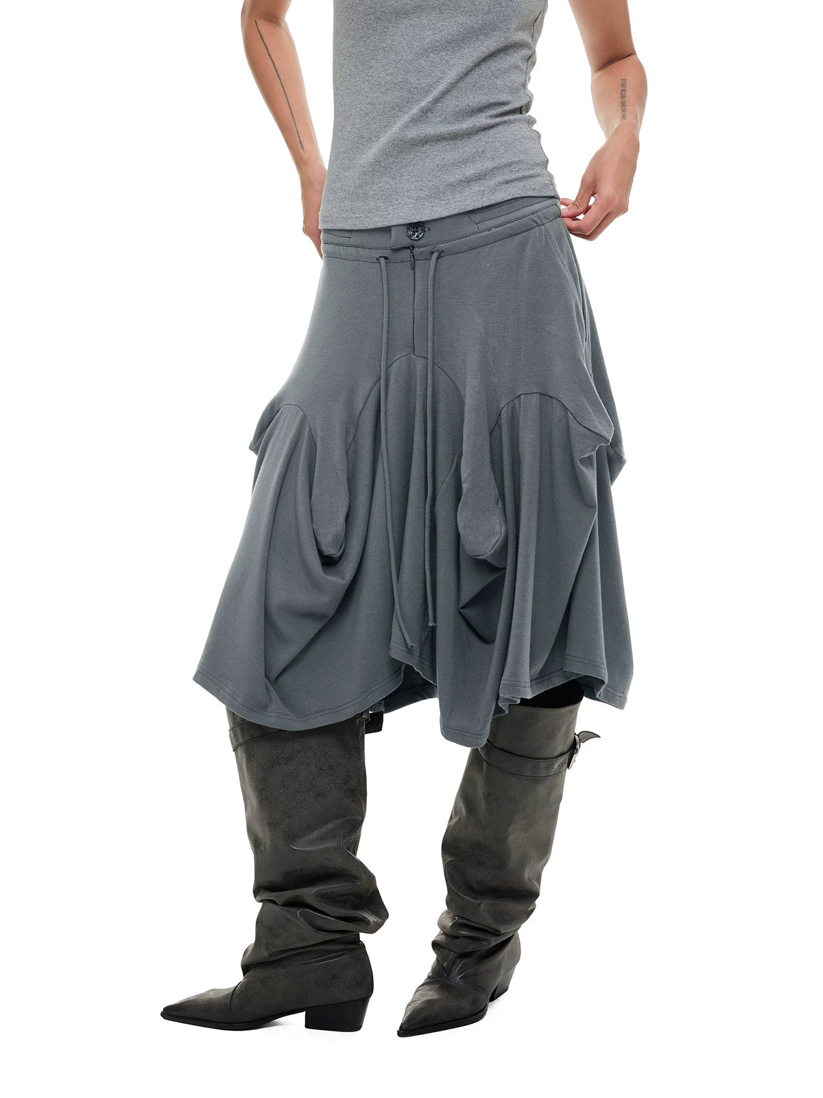 JIKOO Asymmetrical Drawstring Waist Midi Skirt