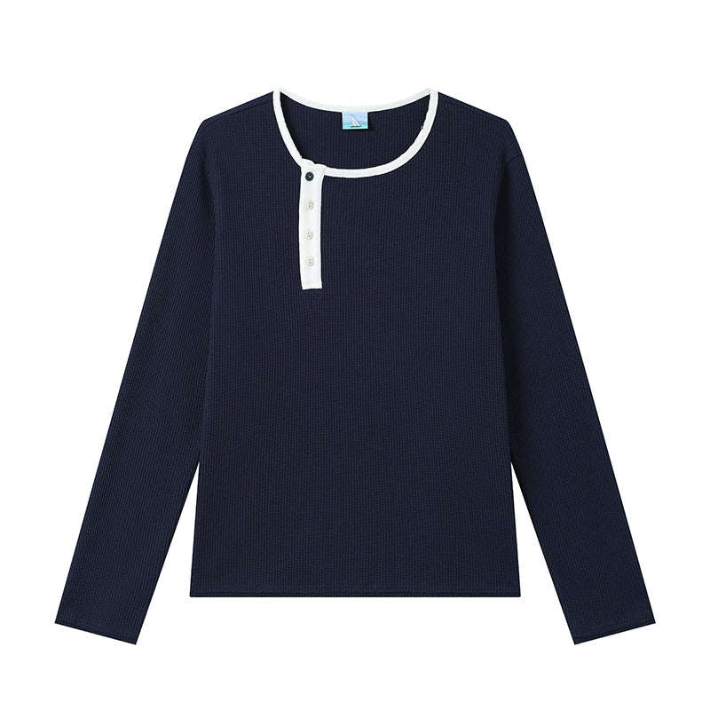 CryingCenter Waffle Diagonal Placket Two-color Button Round Neck Long Sleeve