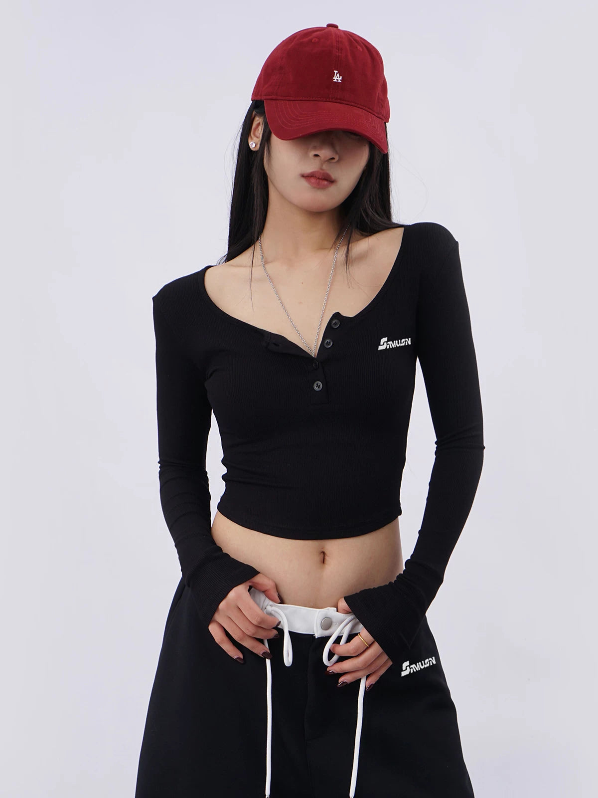SAMUSAN Semi-open Neck Slim-fitting Versatile Long Sleeves