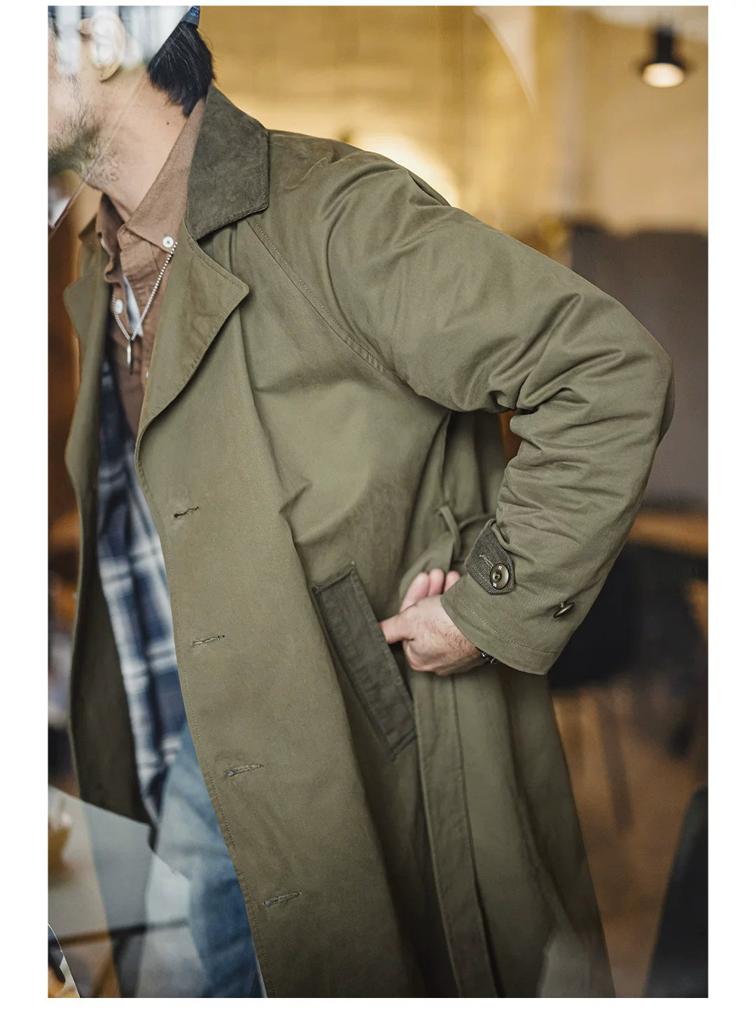 Madden Green Medium and Long Lapel Cotton Trench Coat
