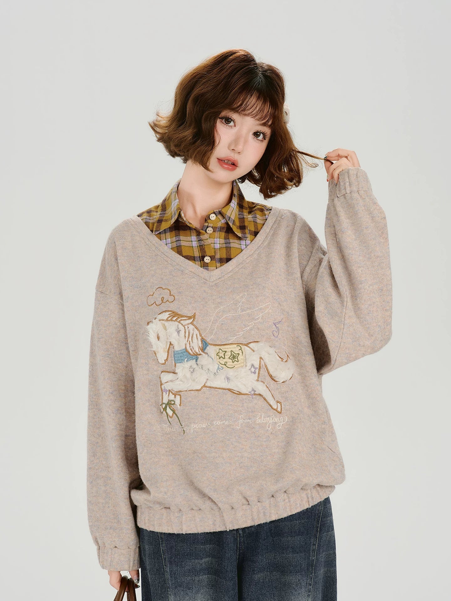 Girlyhalo Fake Two-piece Casual Versatile Knitted Sweater