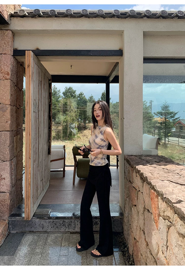 Pusumede Side Drawstring Fake Two-piece Fart Curtain Splicing Casual Pants
