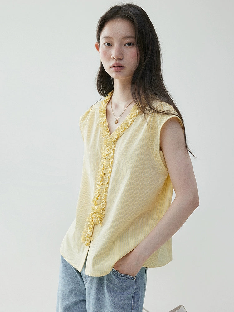VOOE Fungus Edge V-Neck Striped Small Flying Sleeve Shirt