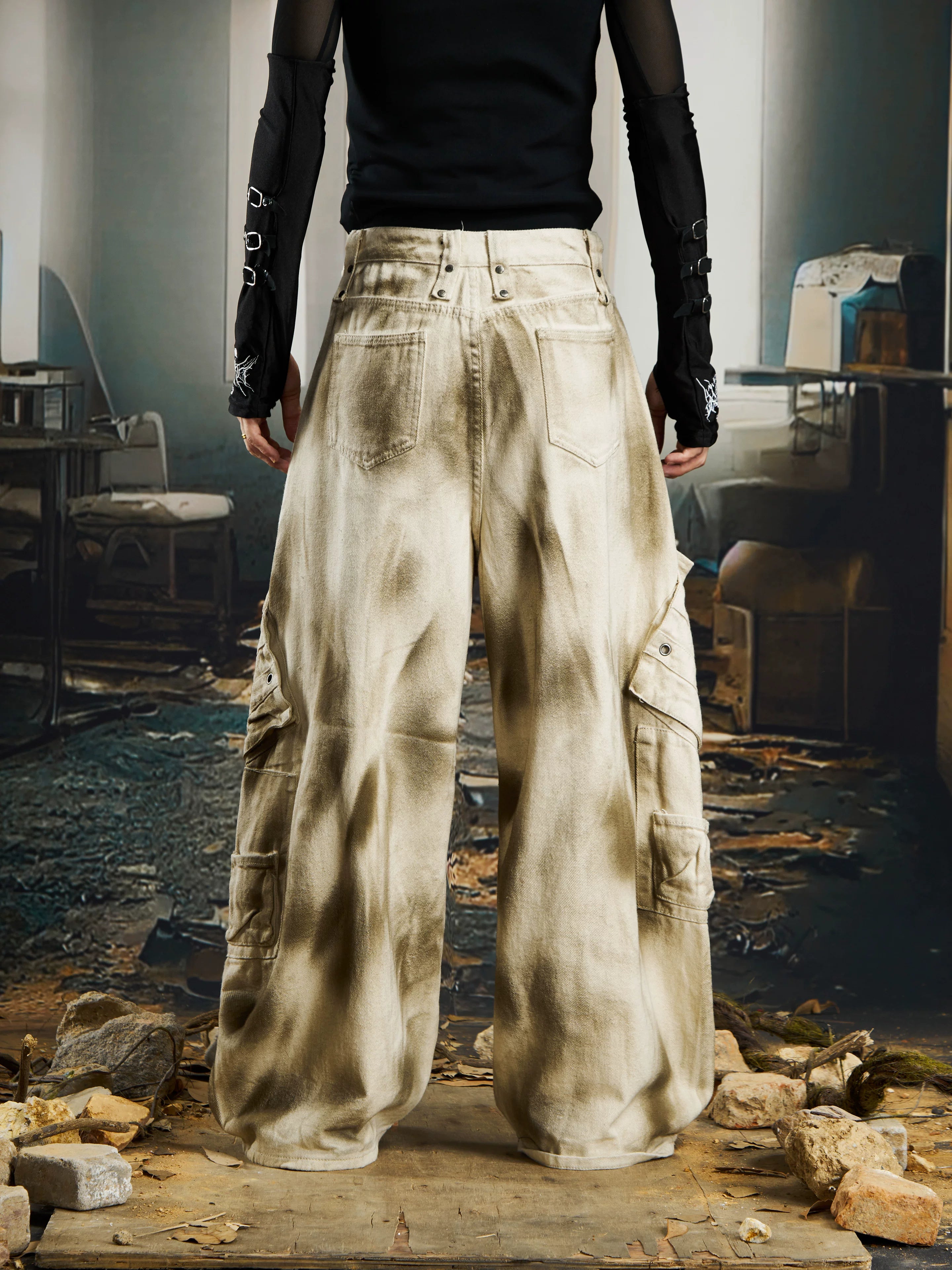 NOMANIAI Inkjet Washing Water Multi-pocket Wasteland Wind Overalls Jeans