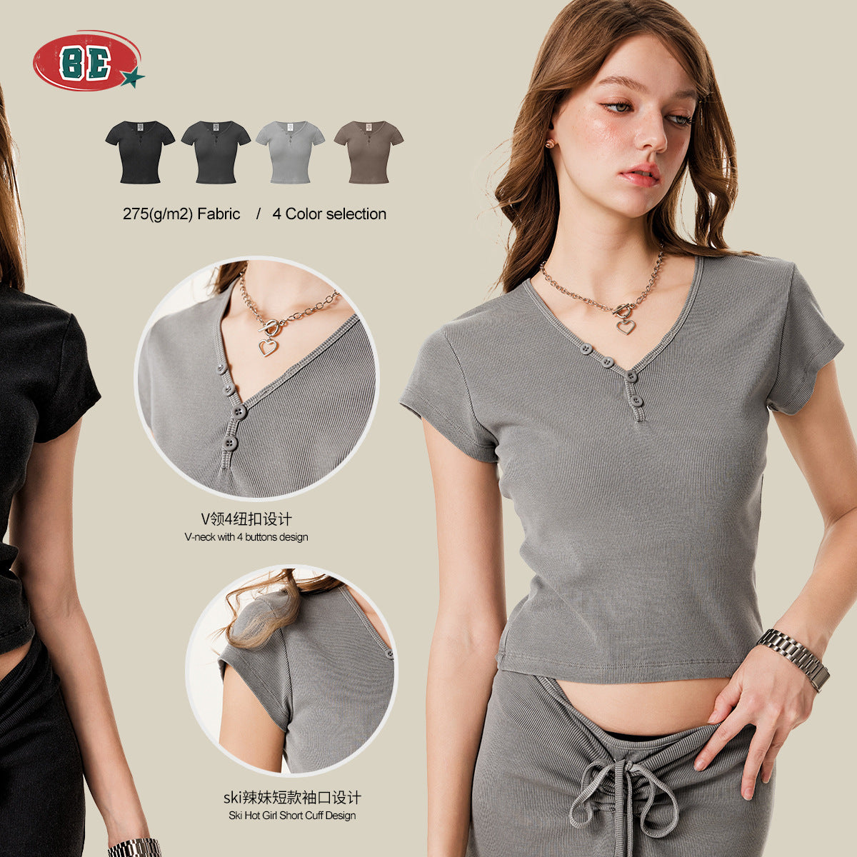 BE Women's slim fit top button v-neck tee