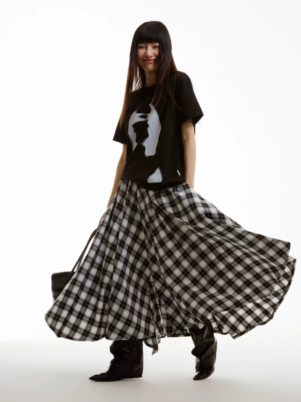 FUNKYFUN Retro Check Wide-Leg A-Line Skirt Pants