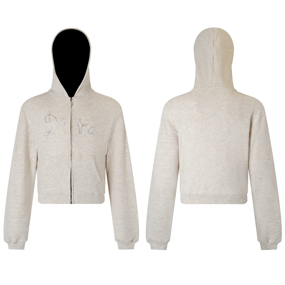 FayChui DIVA Rhinestone Loose Hooded Zip-Up Sweatshirt
