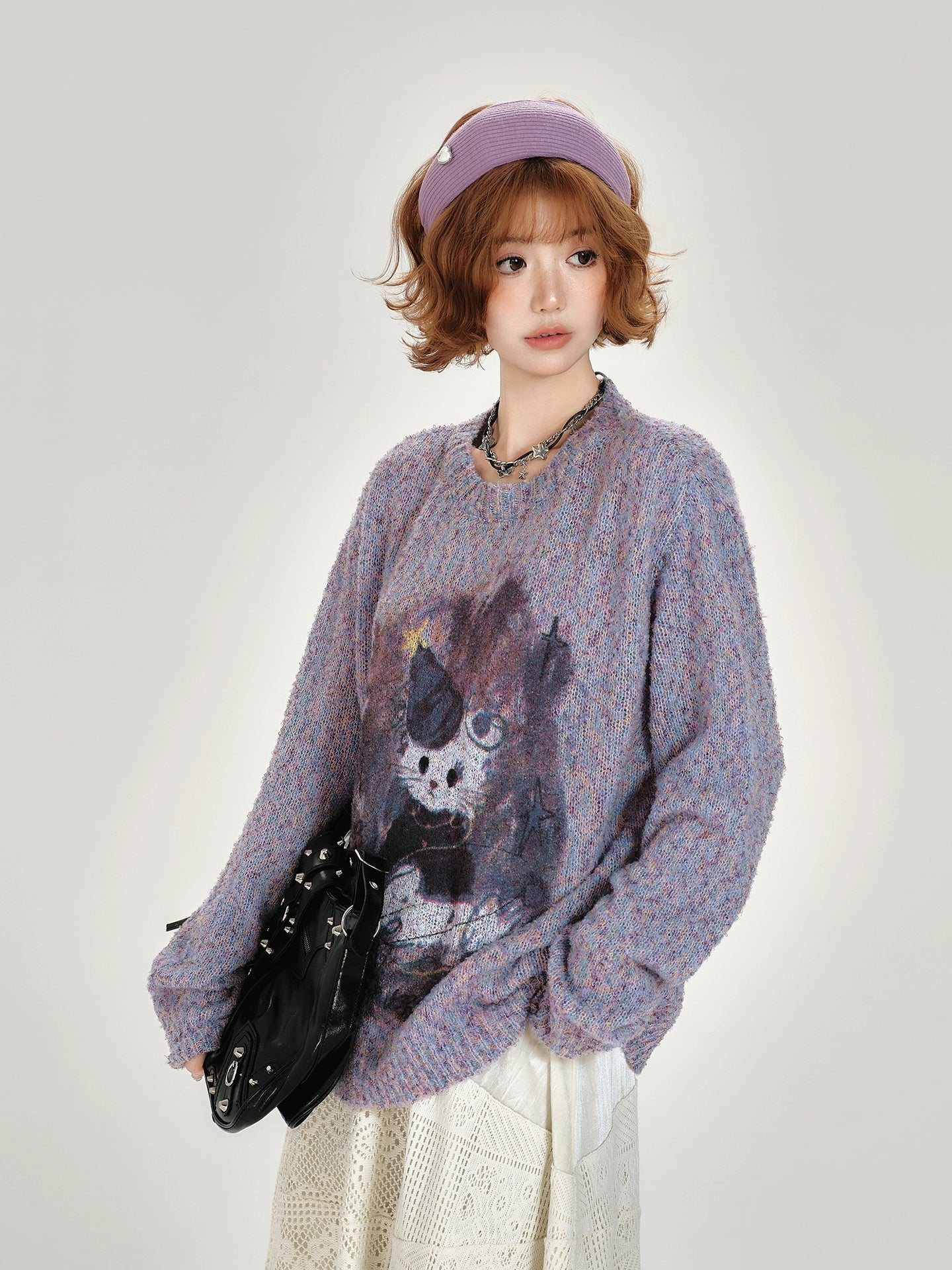 Girlyhalo Vintage Print Pullover Crew Neck Knitted Sweater