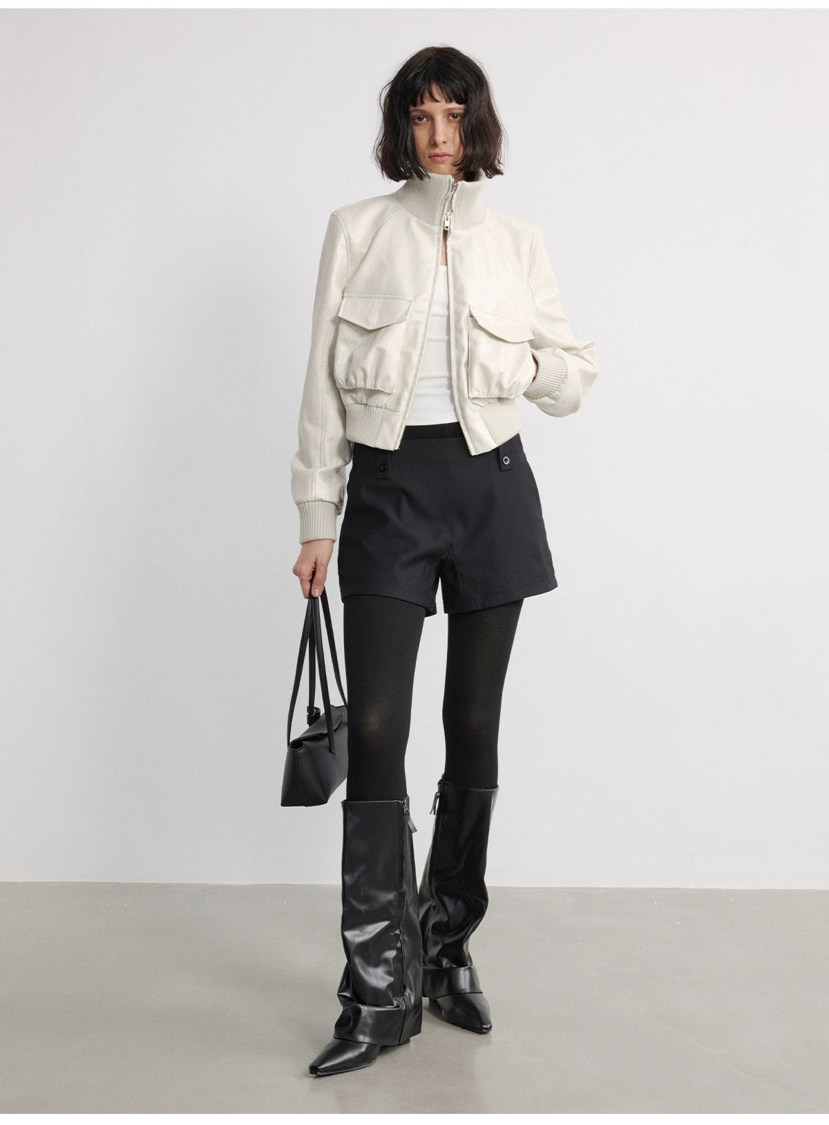 JCAESAR WOMEN Pleated Short Leather Jacket