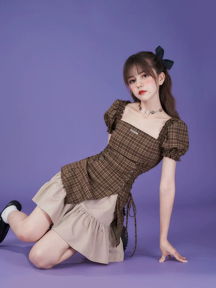 SagiDolls Girl Power Cocoa Sandwich Brown Plaid High-Waist Mini Dress