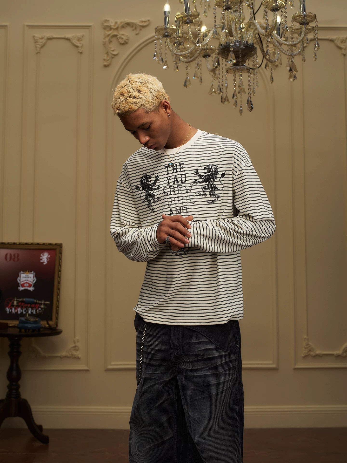 YADcrew Double Lion Mottled Slogan Printed Striped Long Sleeve