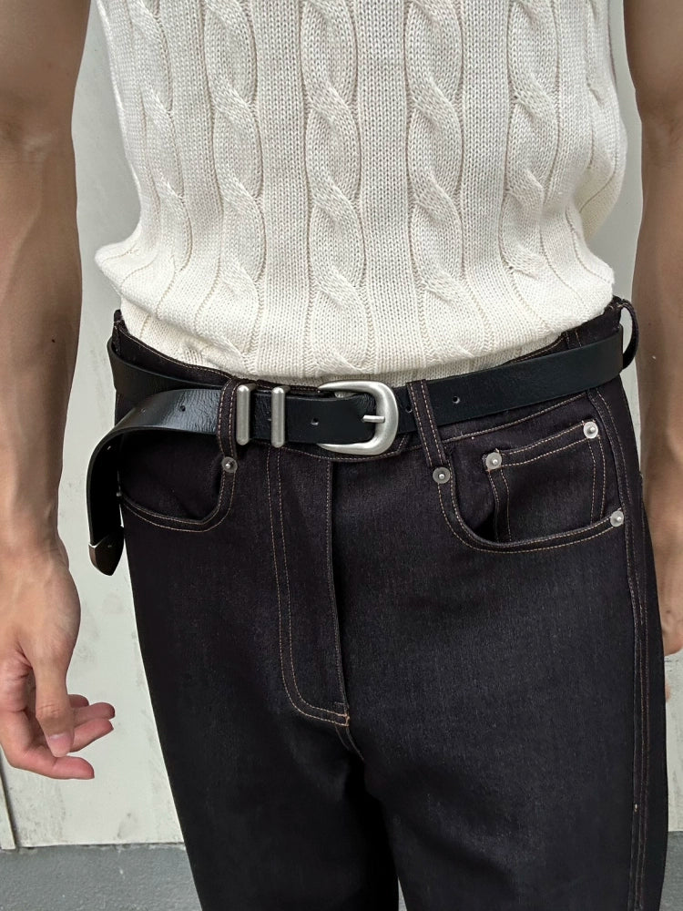VOWPROGRESS First Layer Cowhide Old Silver Buckle Belt