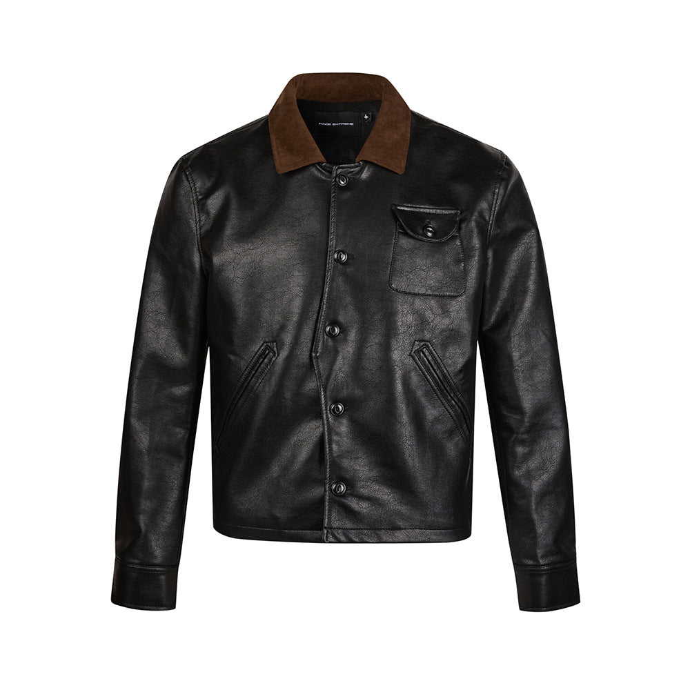 MADEEXTREME Vintage Leather Jacket Lapel Color Matching Irregular Jacket