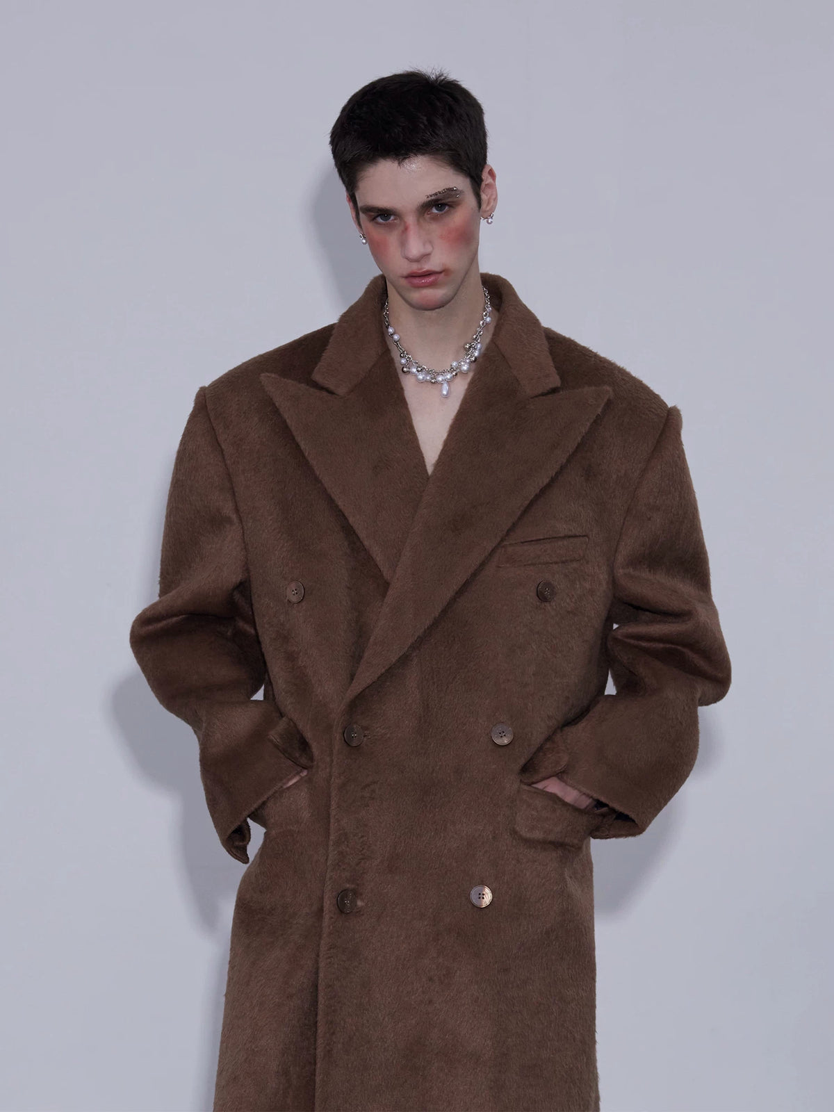 INTERLINKED Wool Double-Breasted Long Coat