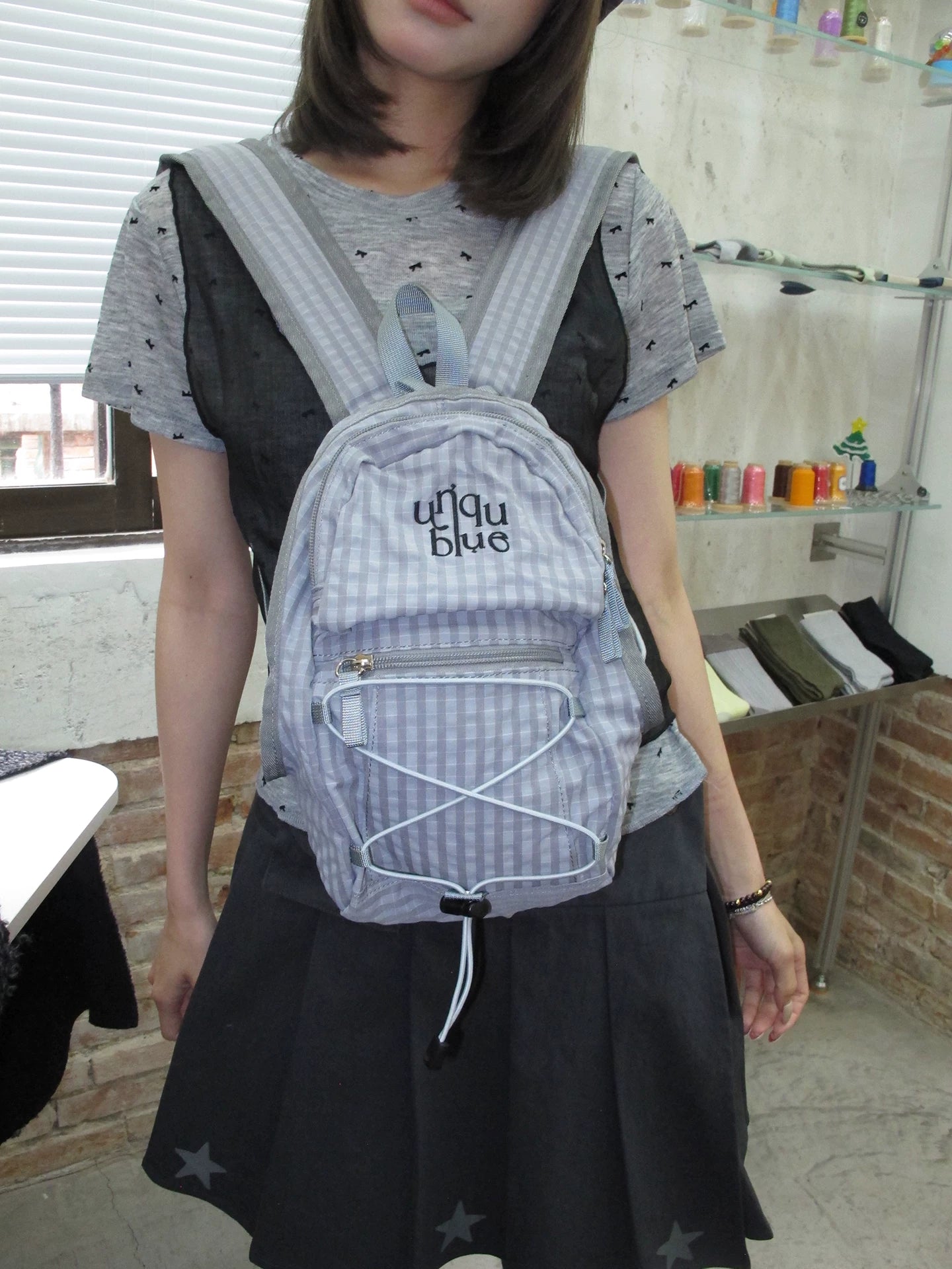 Unique blue Plaid Drawstring Backpack