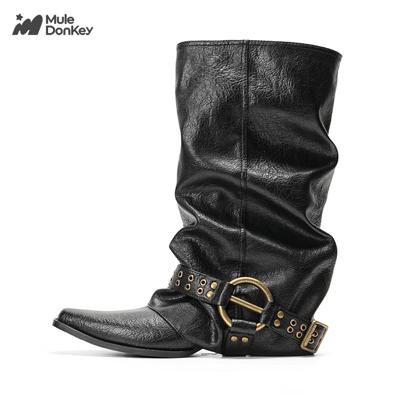 Mule Donkey Suede Pointed-Toe Western Mid-Calf Boot