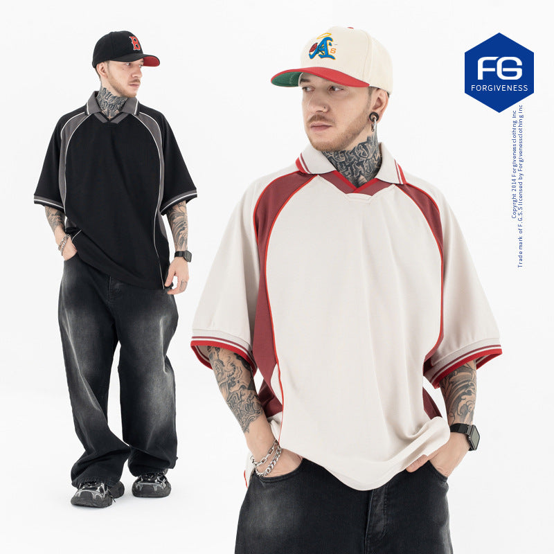 FORGIVNESS Lapel Contrasting Color Splicing Polo Shirt